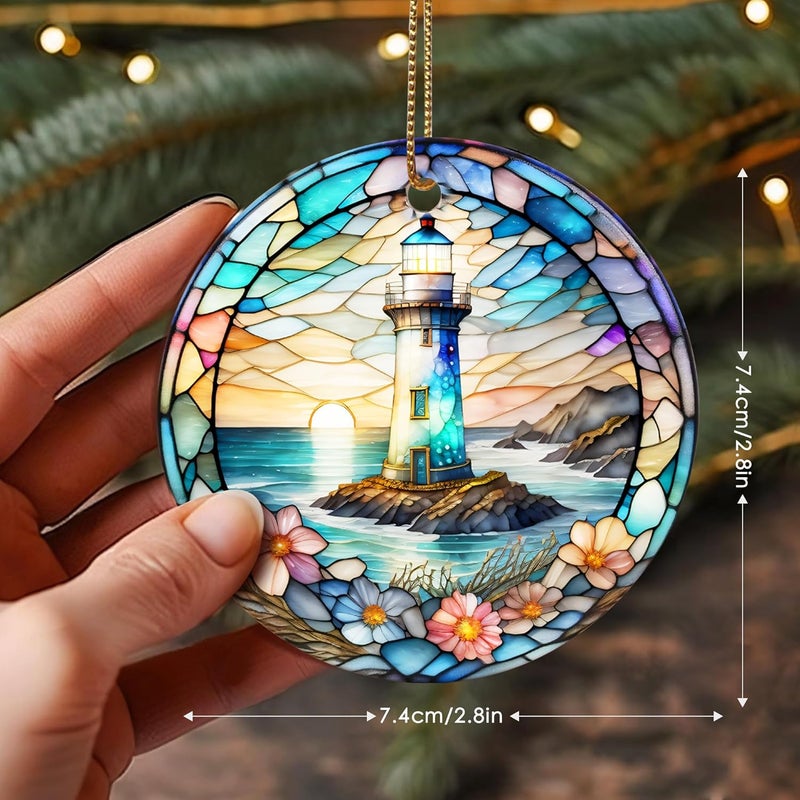 Touber Stained Ceramic Lighthouse Ornament - Christmas Tree Ornaments - Christmas Decorations - Lighthouse Decor for Office, Room, Home - Holiday Present Ideas - Image 3